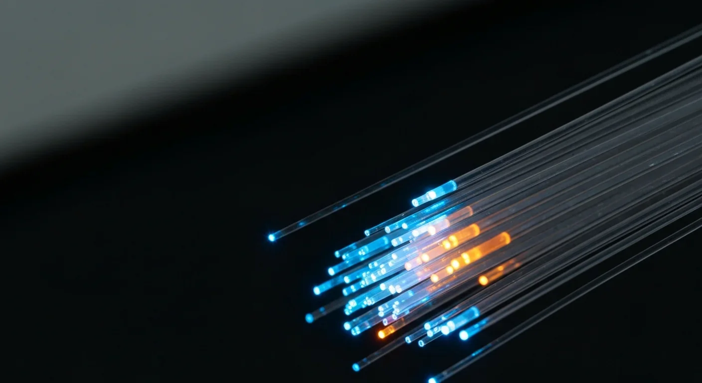 Fiber optic cables carrying data as glowing light pulses through glass strands