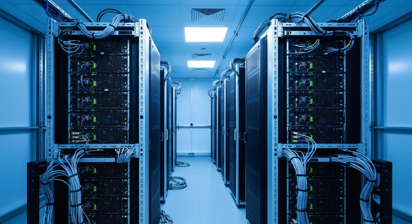 GPU computing cluster with dense networking cabling in a modern data center