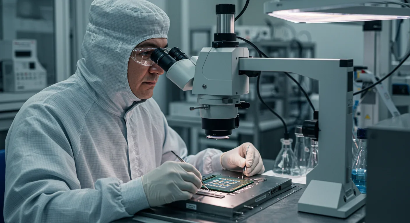 Researcher examining photonic memory cell breakthrough under microscope