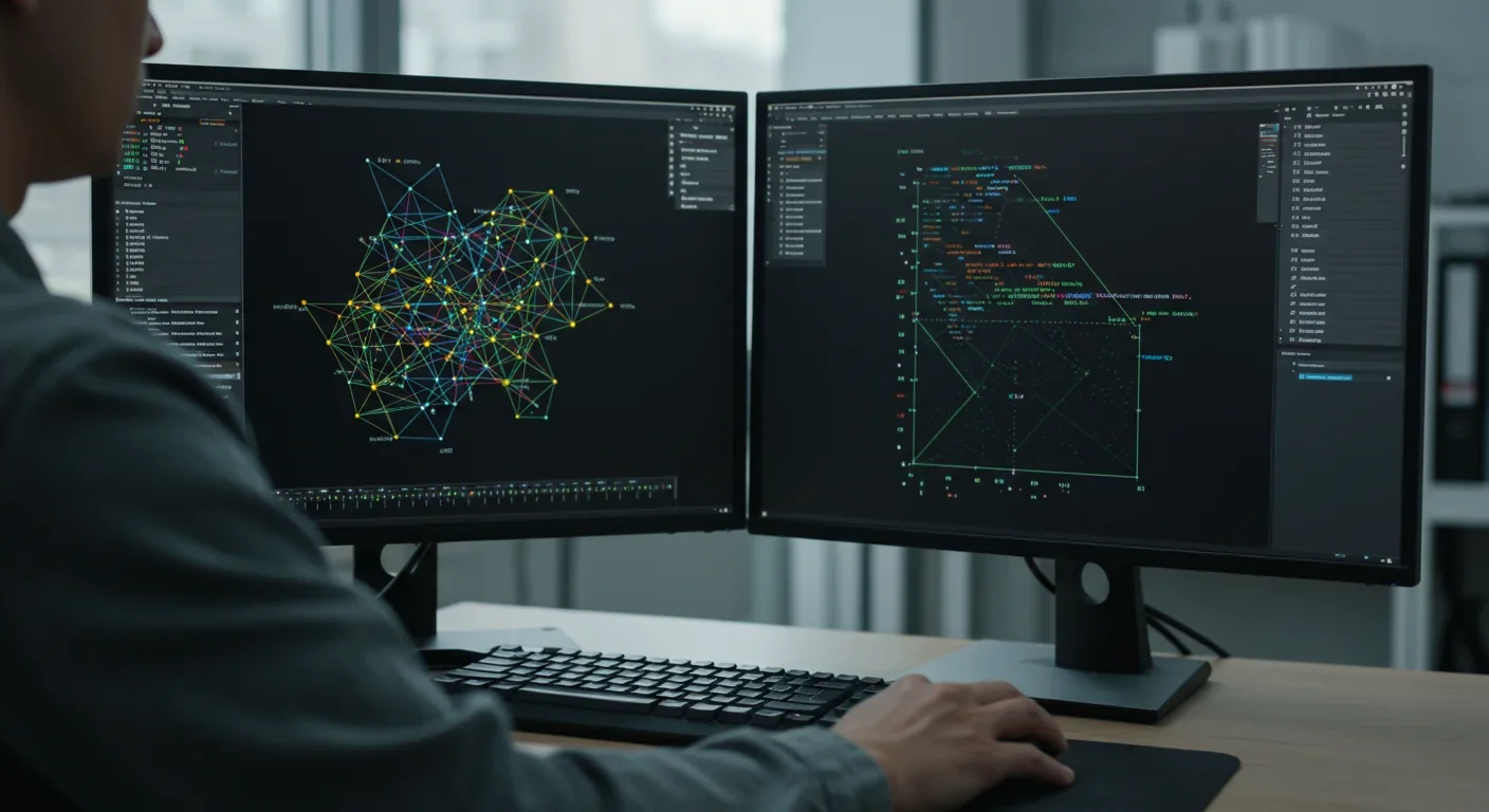 Cybersecurity analyst reviewing cryptographic algorithms on computer screens