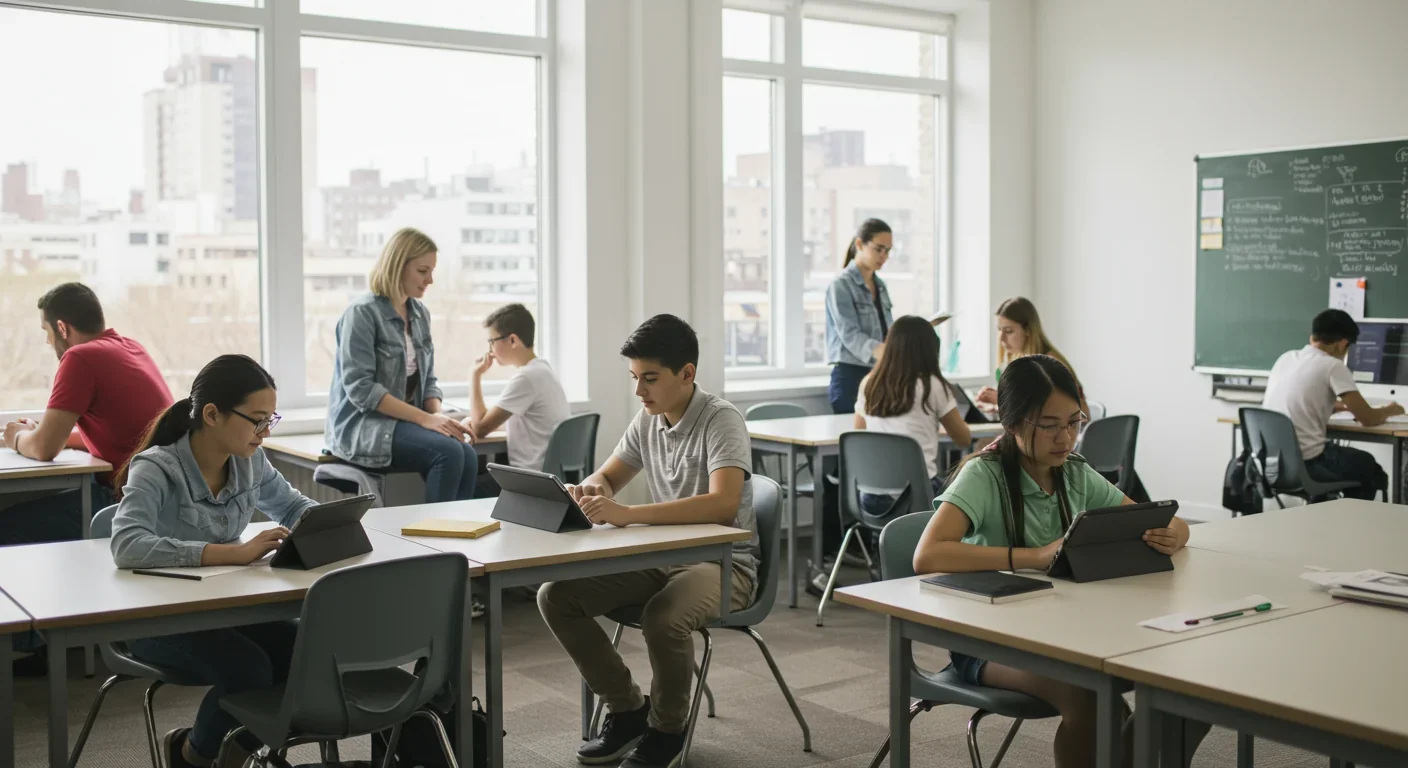 Students learning AI literacy and prompt engineering skills in collaborative classroom