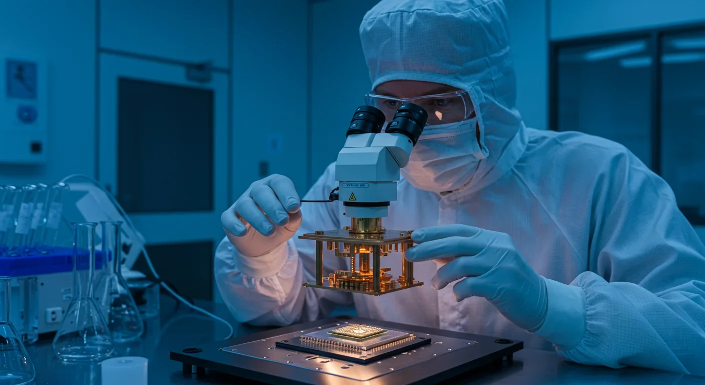 Scientist examining superconducting quantum processor chip under magnification in clean room