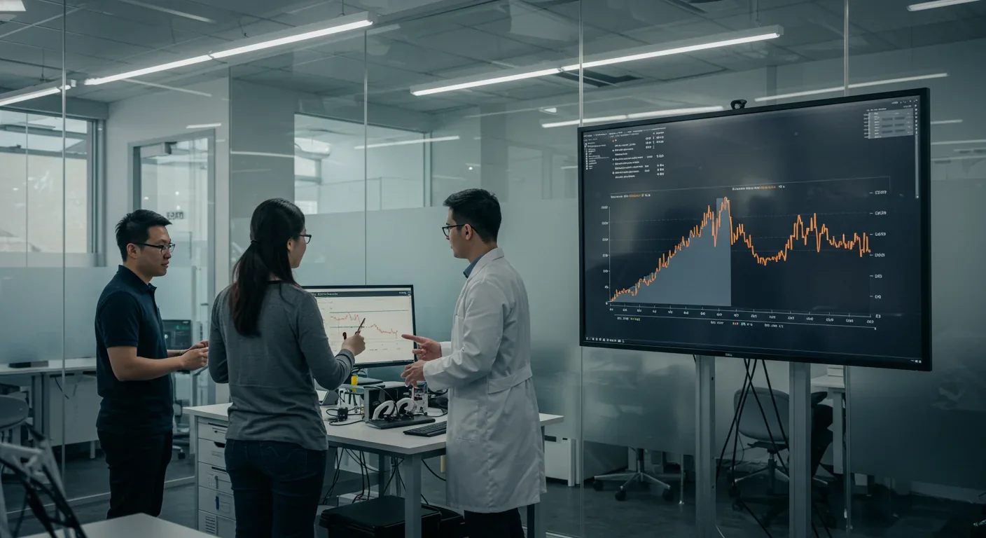 Quantum computing researchers analyzing error correction data on laboratory monitors
