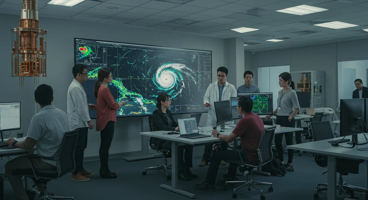 Climate scientists analyzing hurricane predictions on touchscreen with quantum computers in background