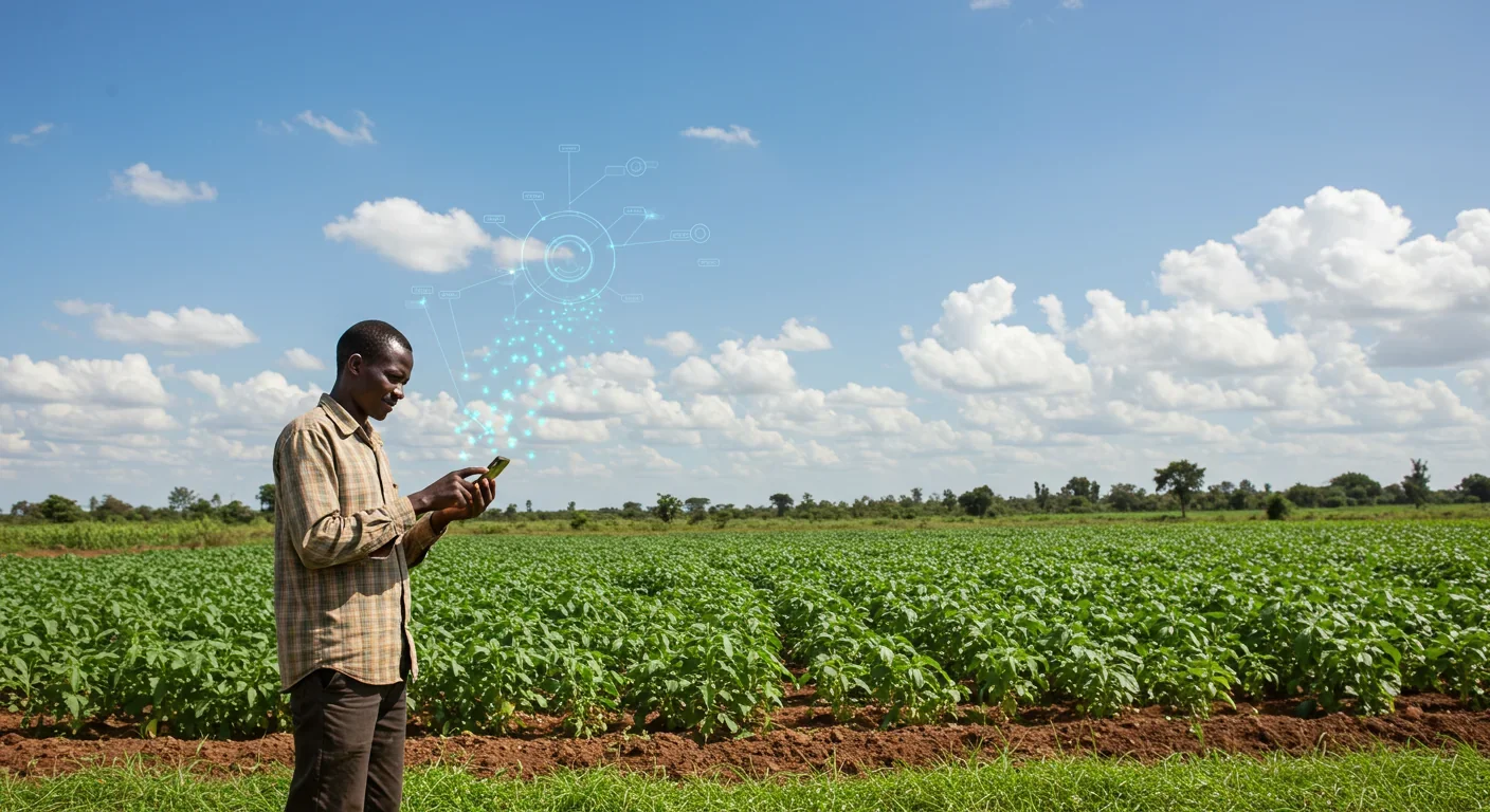 Kenyan farmer using smartphone weather app in agricultural field under blue sky