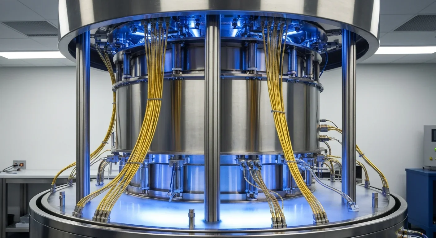 A cylindrical cryogenic dilution refrigerator used in quantum computing, with gold wiring cascading through cooling stages in a lab