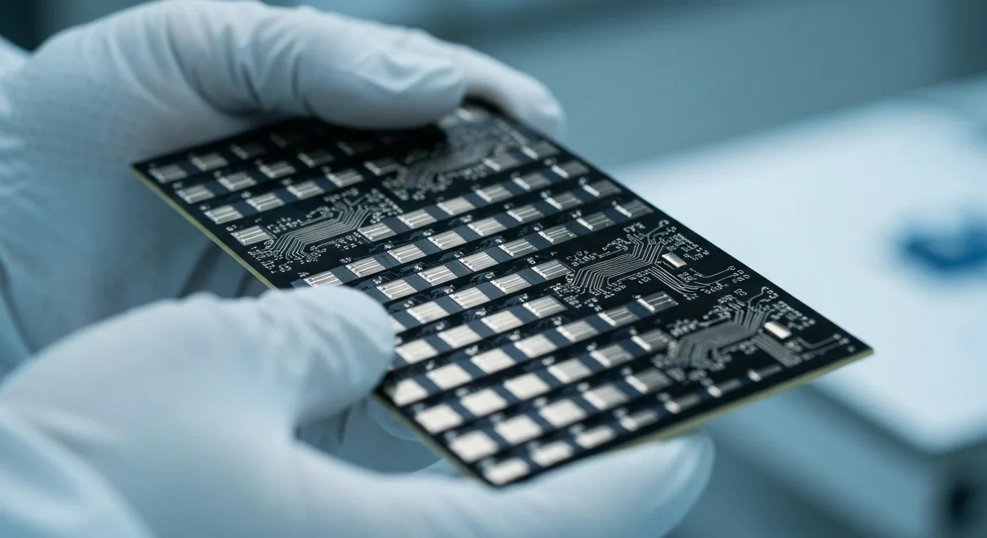 Close-up of a superconducting quantum processor chip on a silicon wafer showing intricate circuit patterns