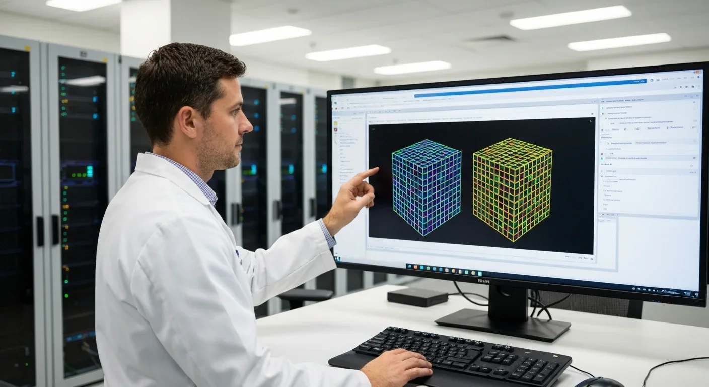 A researcher examines a monitor showing a 2D grid visualization of quantum error correction surface codes