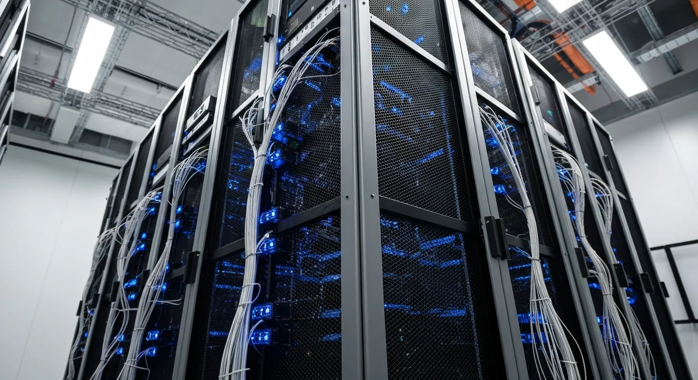 Interior of a quantum computing facility with tall equipment racks, fiber optic cables, and cooling systems