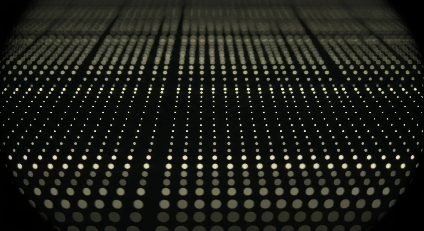 Array of laser-trapped neutral atoms glowing in a precise grid pattern in a quantum computing laboratory