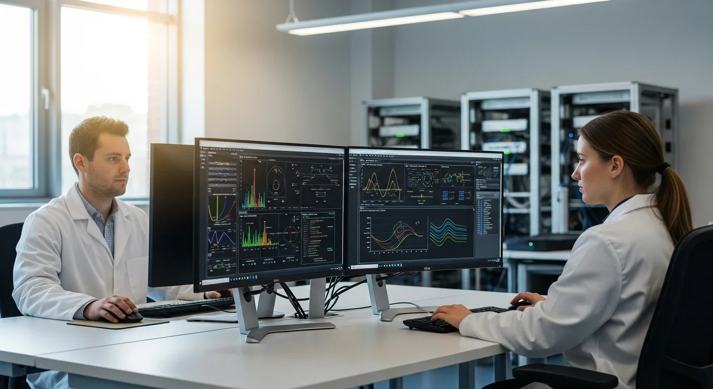 Scientists monitoring quantum computer error correction systems in research laboratory