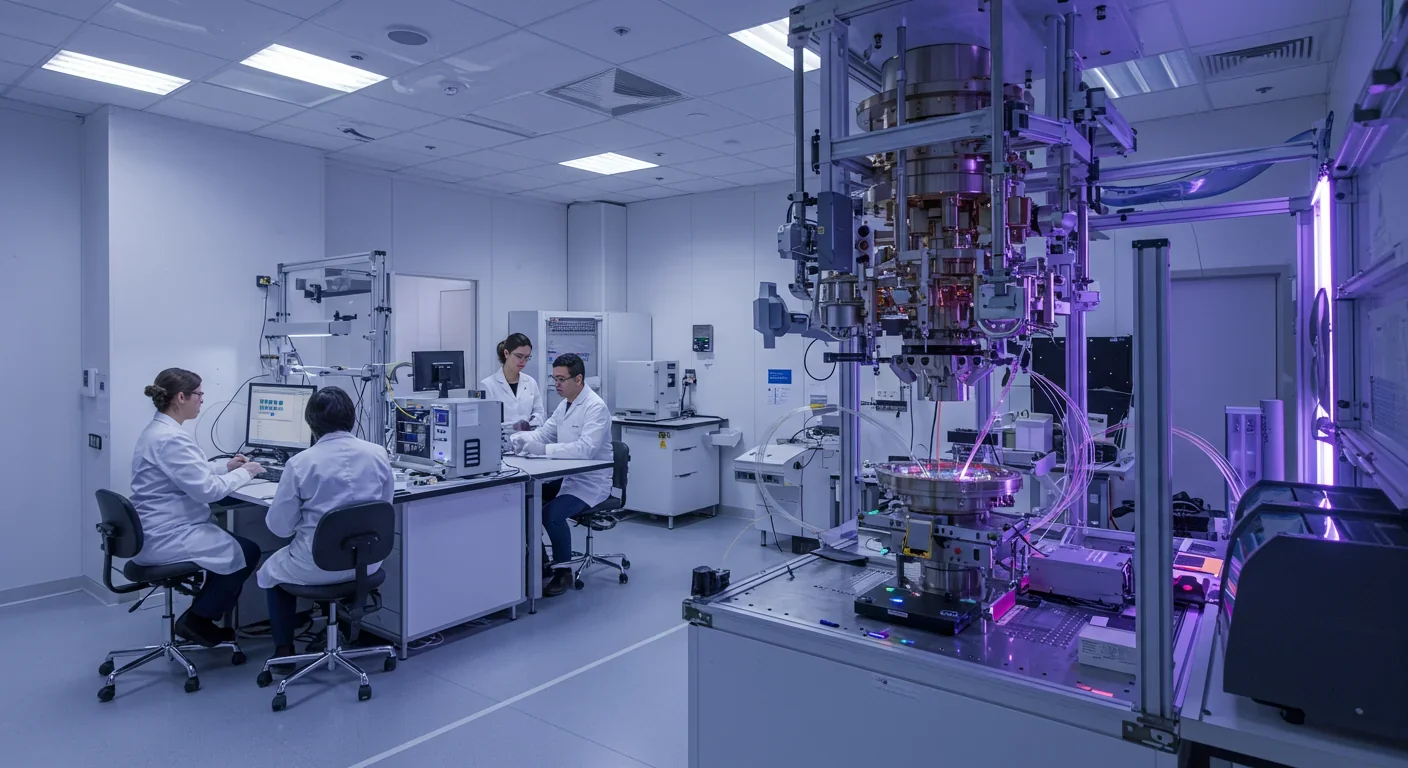 Quantum networking laboratory with fiber-optic cables and photonic communication equipment