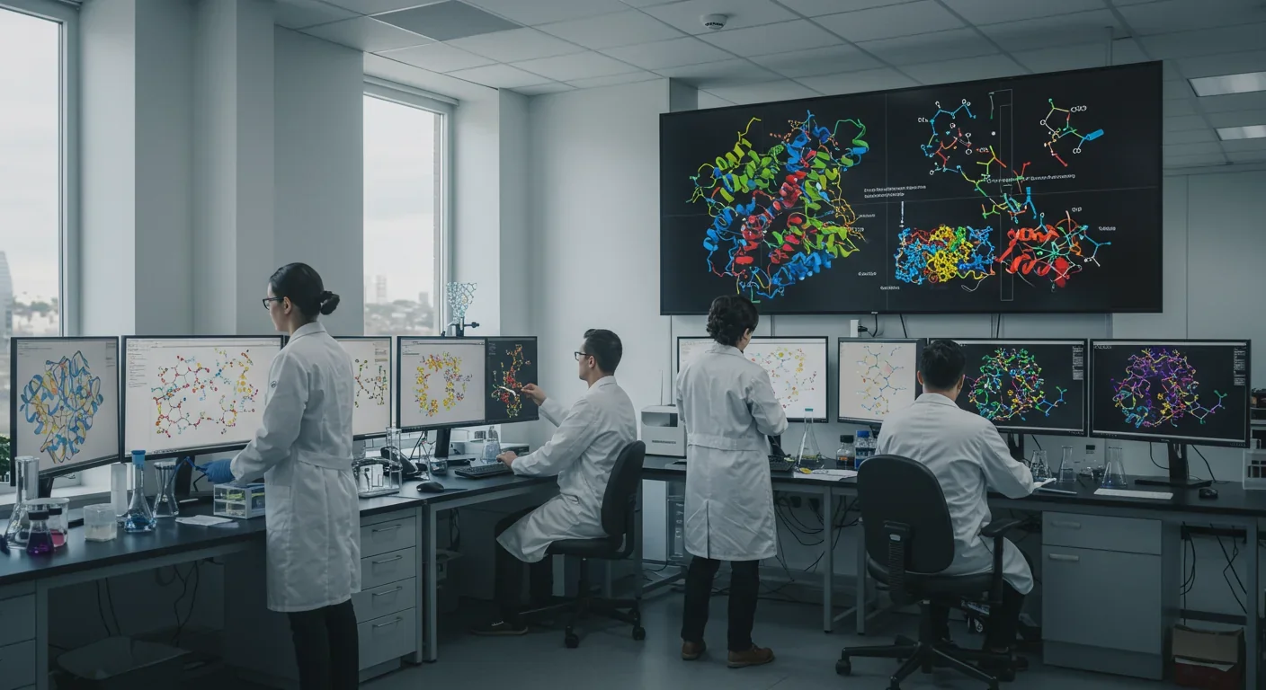 Scientists analyzing molecular simulations for quantum-assisted drug discovery