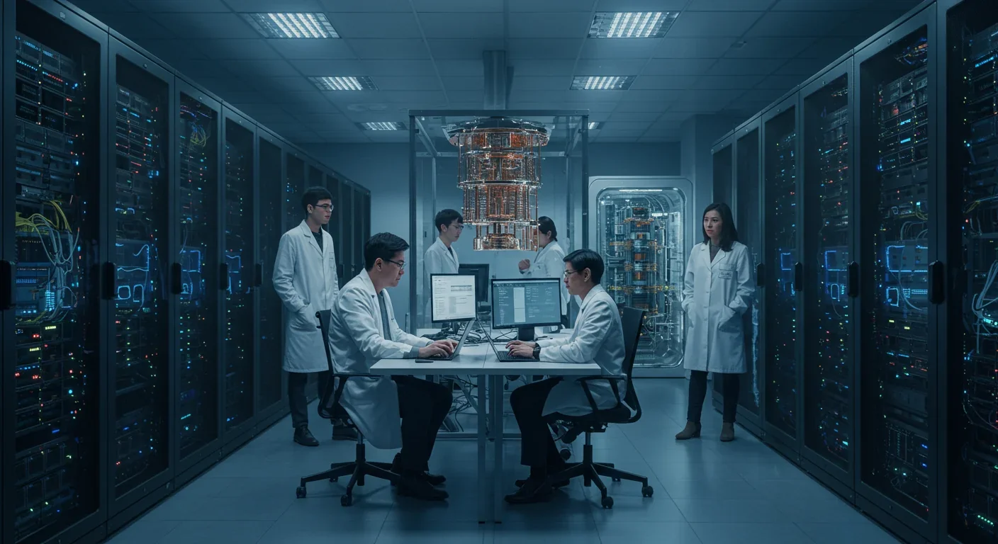 Engineers working in hybrid classical-quantum computing data center