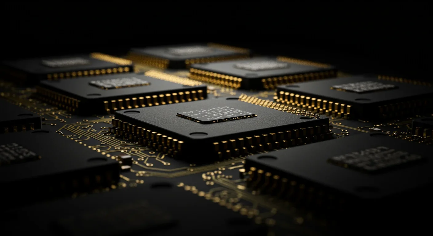 Close-up view of processor chips on circuit board showing detailed architecture