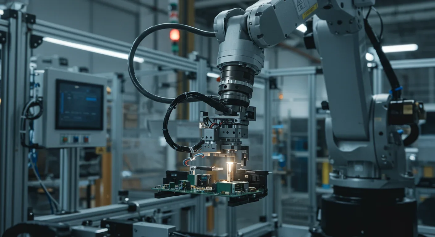 Robotic arm installing electronic components in automotive manufacturing