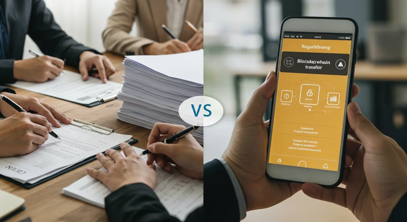 Traditional property closing paperwork compared to instant blockchain property transfer on smartphone