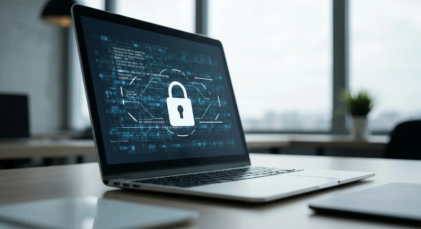 Laptop displaying security code representing software patches and mitigations for hardware vulnerabilities