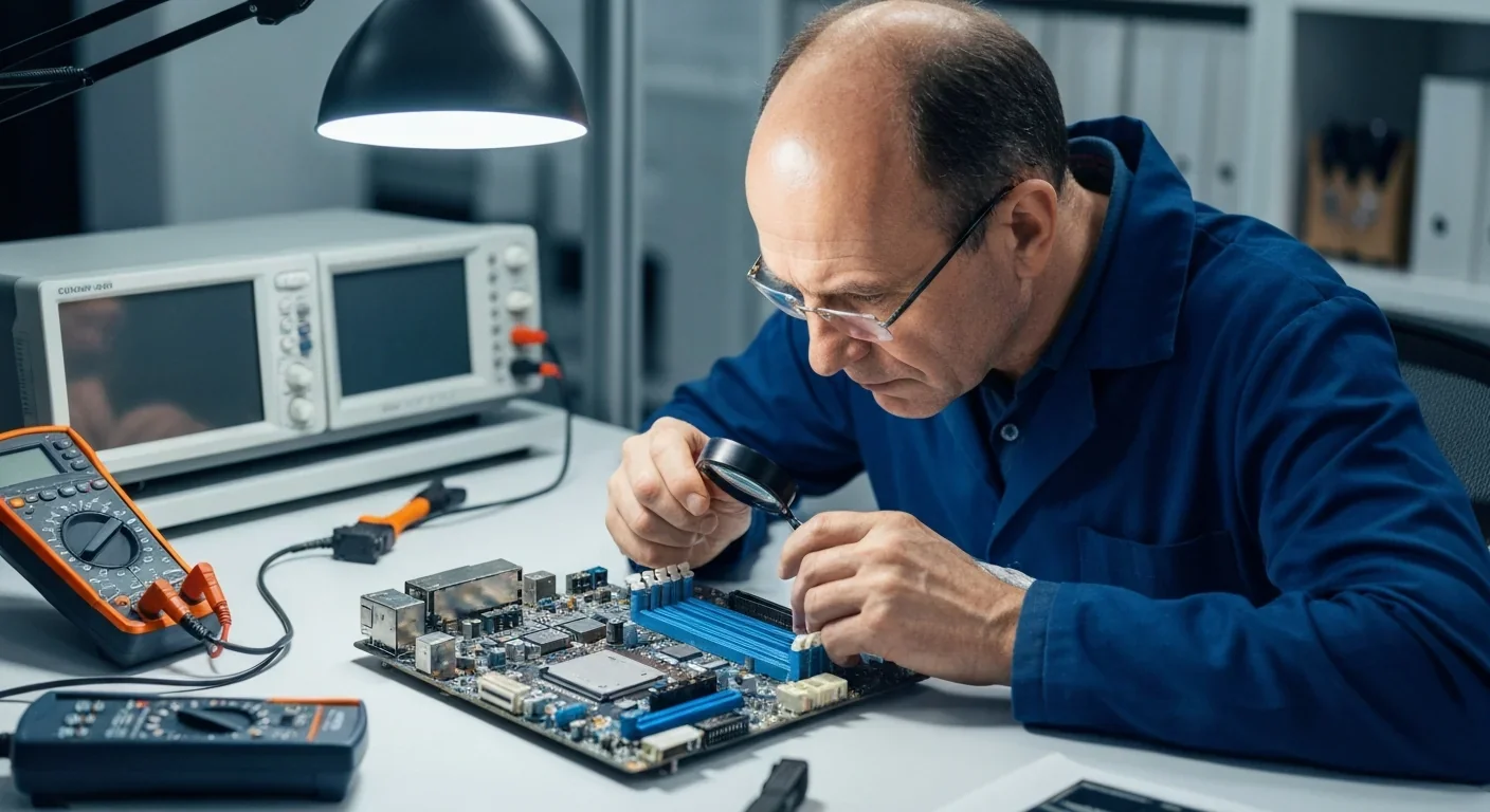 Engineer inspecting computer hardware representing ongoing research into processor vulnerabilities