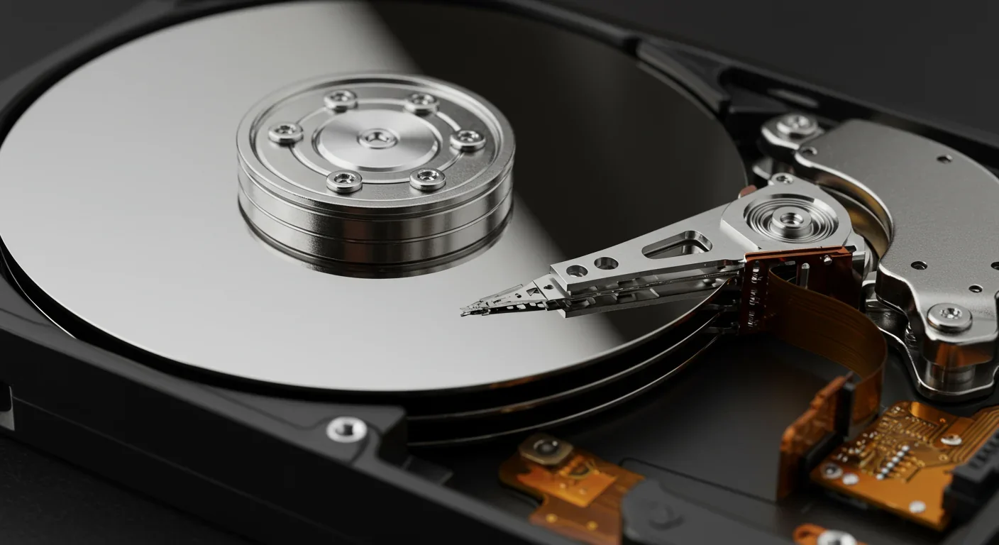 Hard disk drive showing read/write head mechanism and magnetic platter