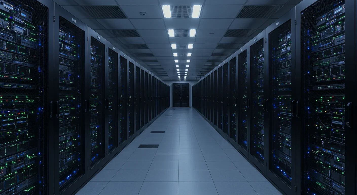 Data center aisle with rows of server racks and glowing status LEDs