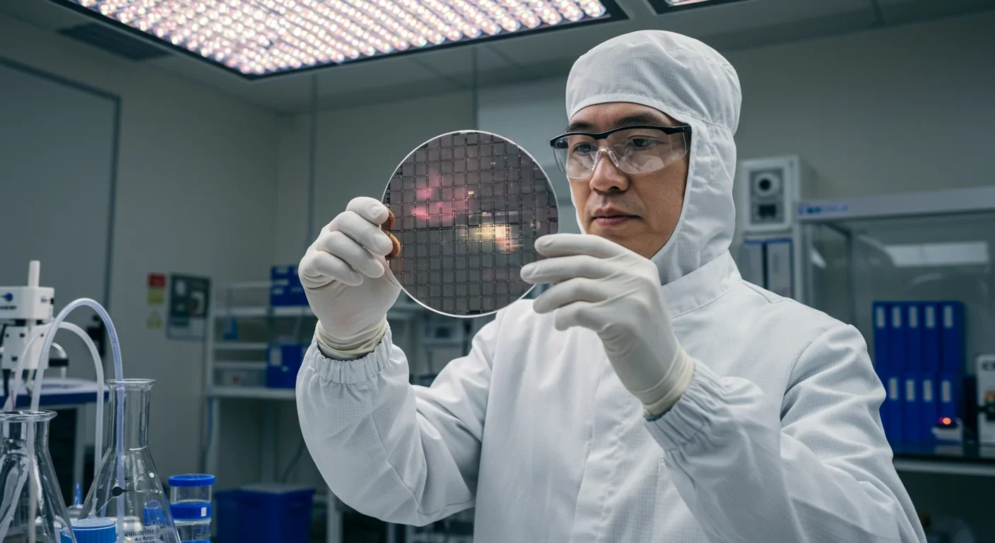 Research scientist examining silicon wafer in clean room laboratory