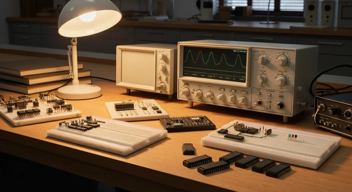 Vintage 1960s electronics workbench with oscilloscope and breadboard circuits where stochastic computing was first prototyped