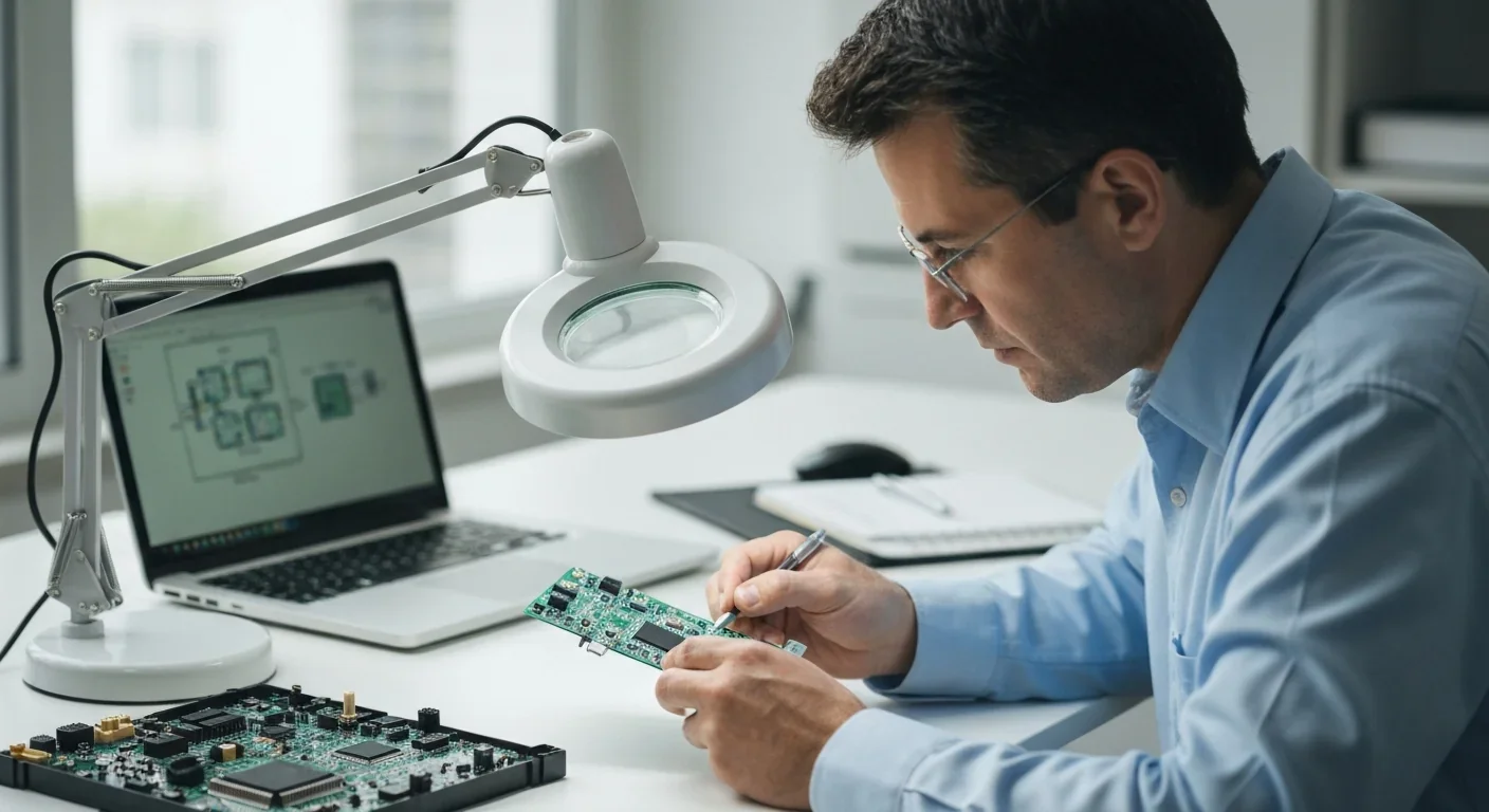 Hardware engineer examining a circuit board under magnification with design schematics visible on a laptop behind
