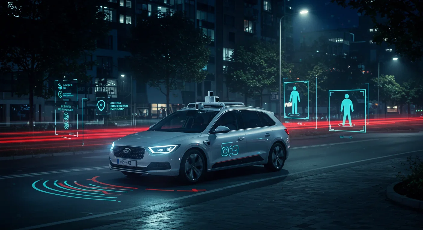 Autonomous vehicle navigating through complex urban traffic with pedestrians and multiple vehicles