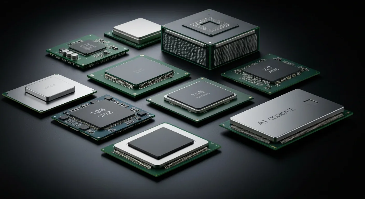 Collection of modern computer processors including CPUs, GPUs, and AI accelerator chips