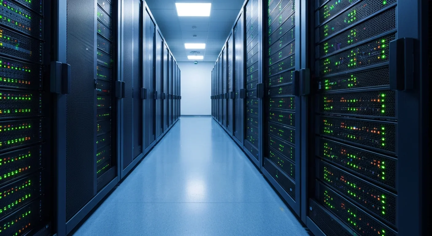 Server room corridor with rows of rack-mounted servers and blue ambient lighting