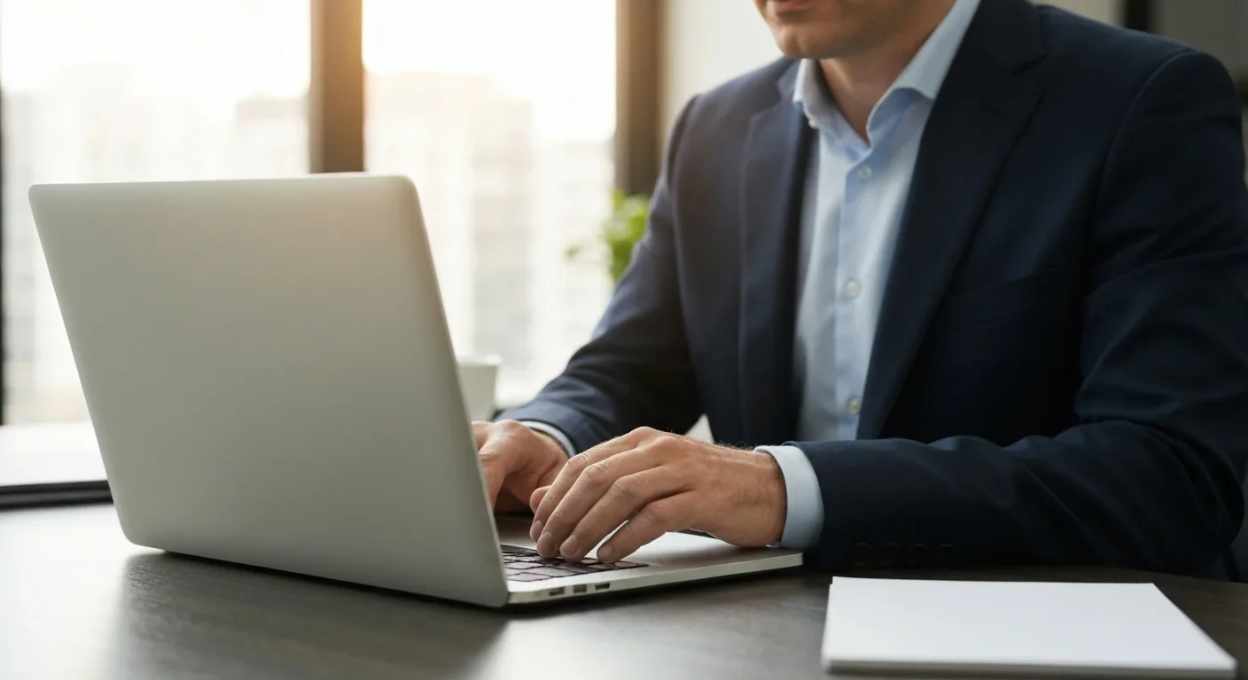 Business professional using biometric authentication on a modern laptop at an office desk