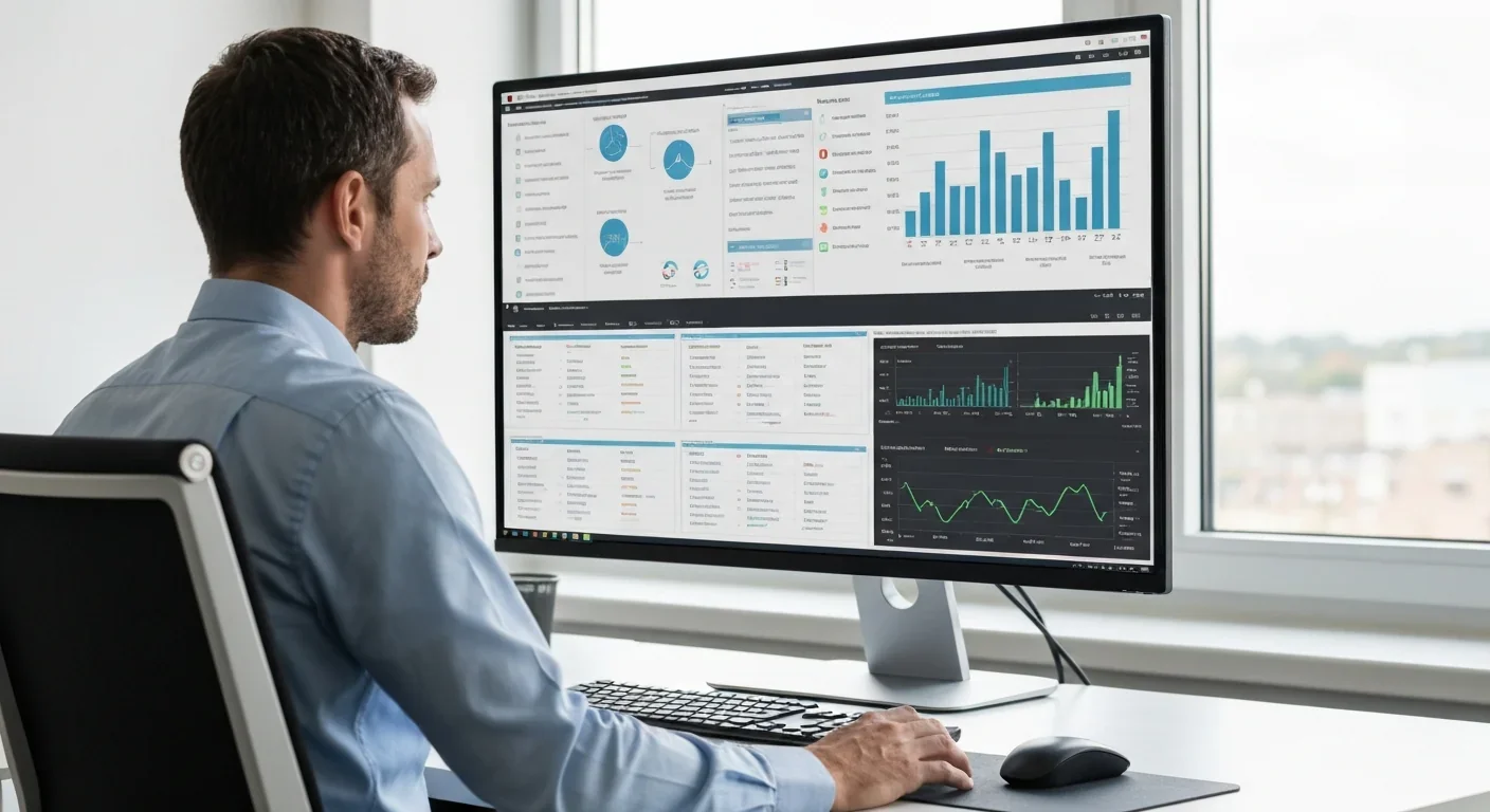 IT administrator reviewing security dashboards on a large monitor in a modern office