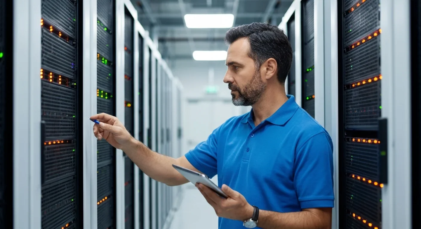 IT professional inspecting server hardware in a modern enterprise data center
