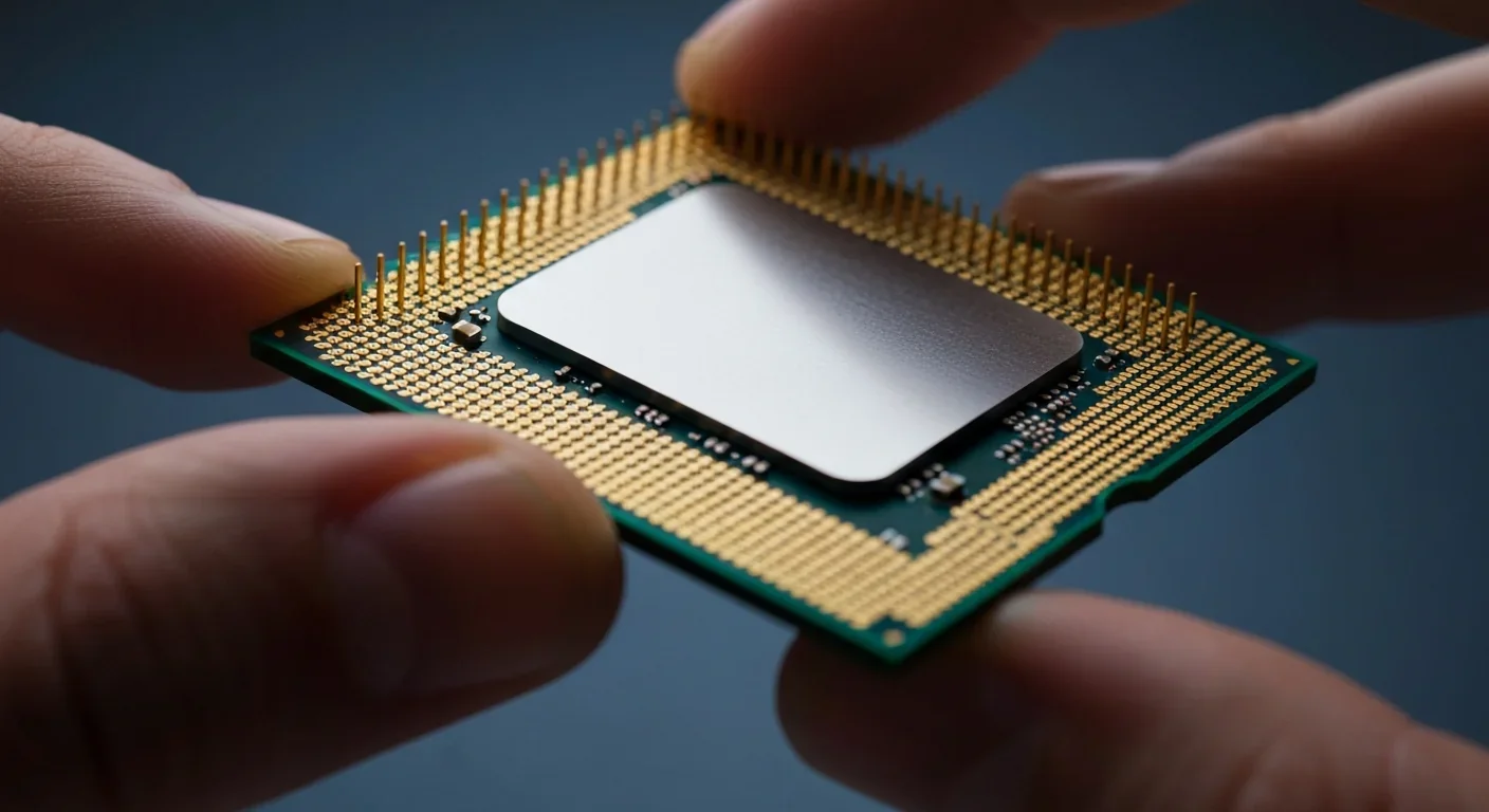 Modern CPU processor held between fingers showing the silicon die and gold contacts