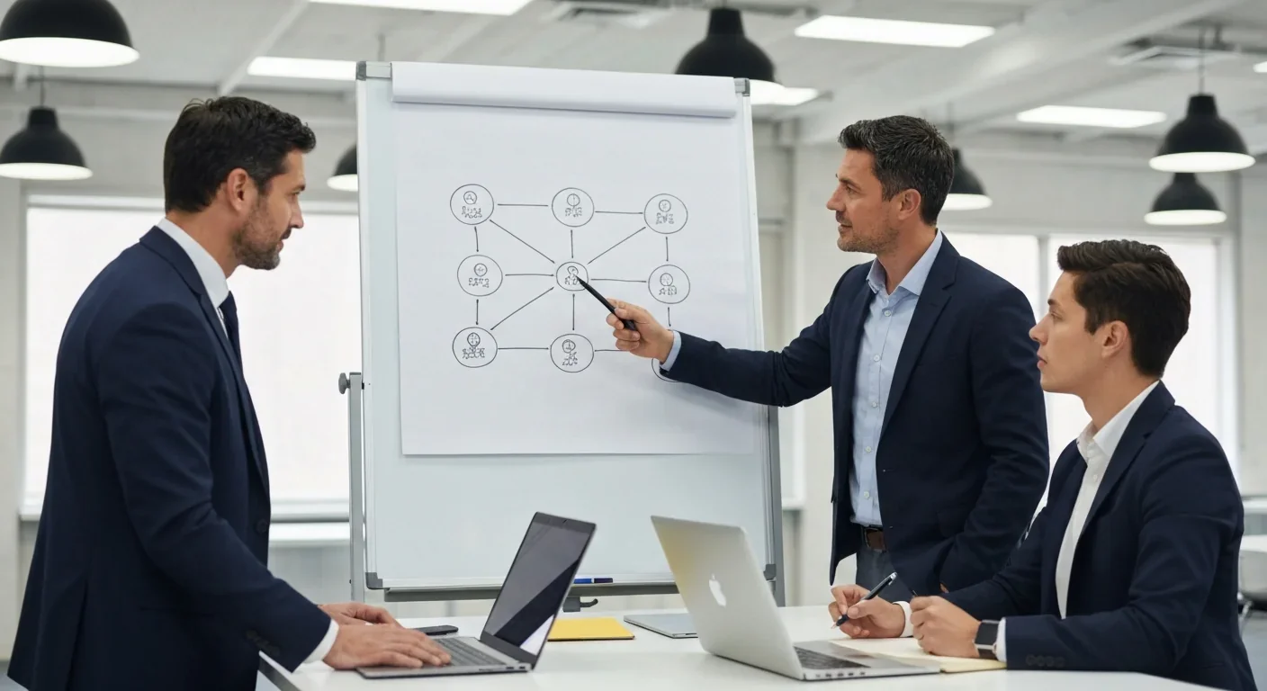 Two professionals planning security architecture at a whiteboard with network diagrams