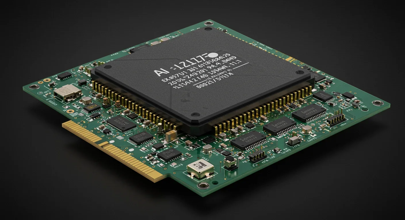 AI accelerator chip with HBM memory stacks visible on circuit board showing architectural complexity