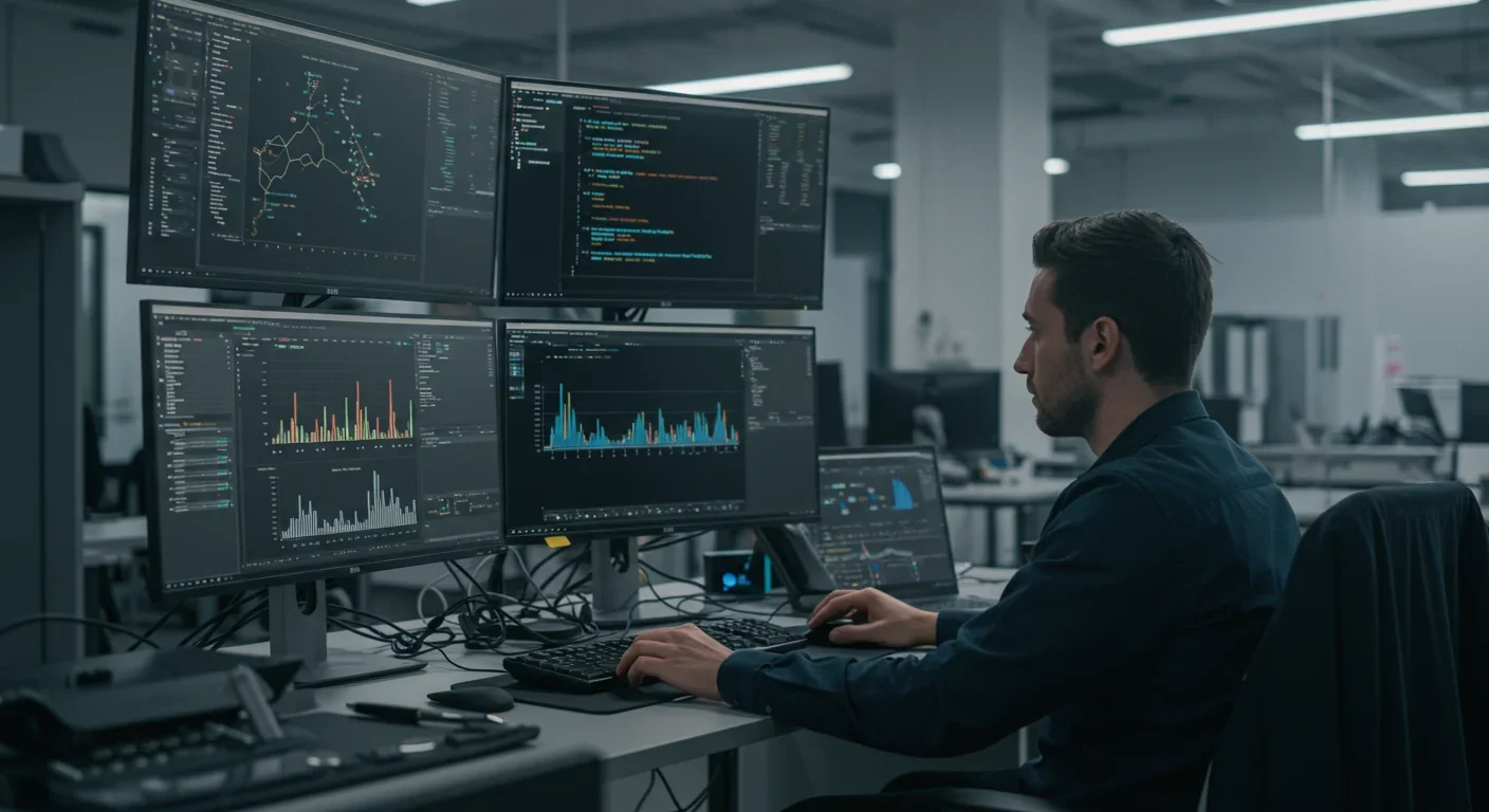 AI engineer monitoring neural network training performance on multi-monitor workstation with real-time metrics