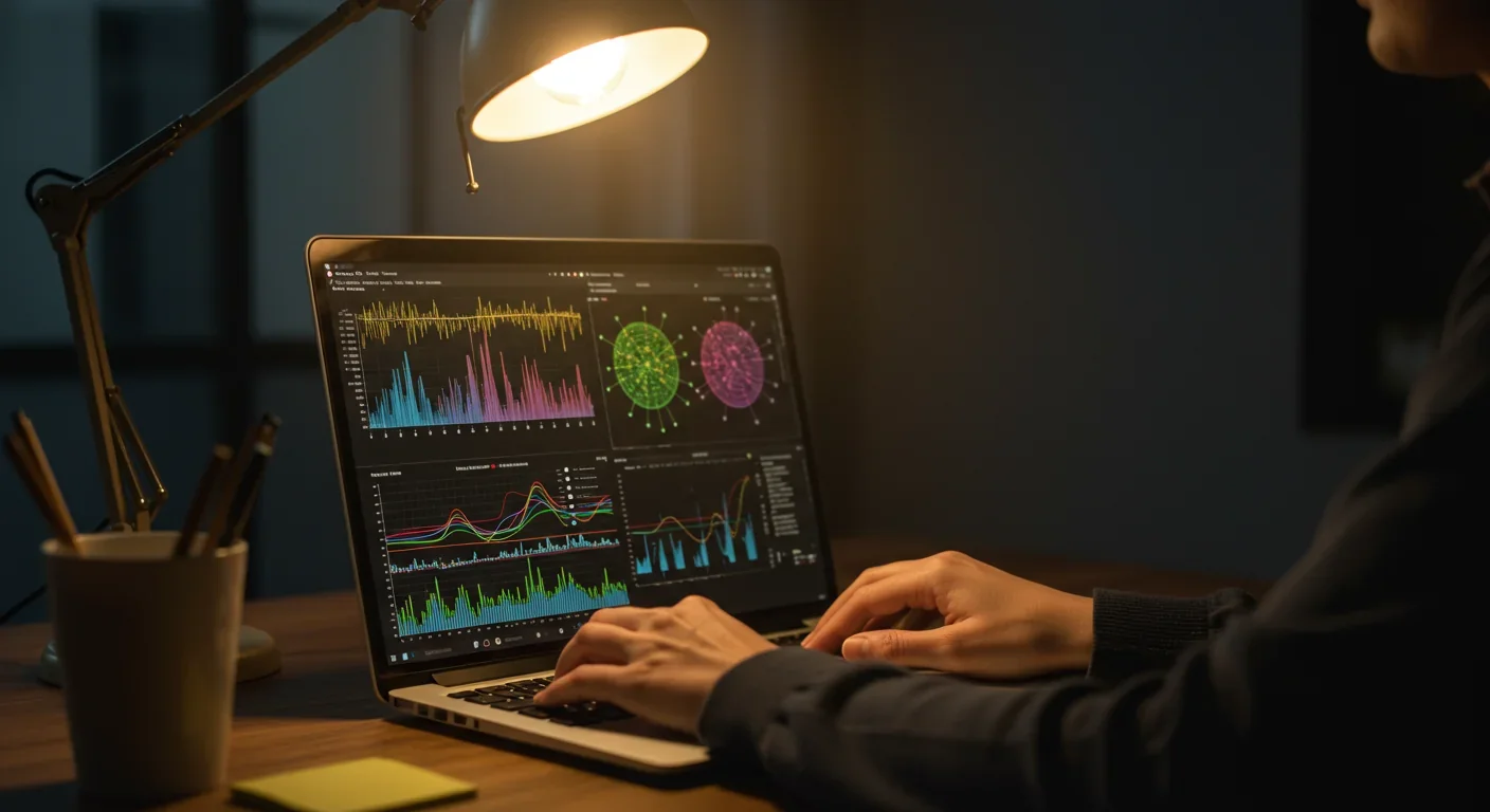 Machine learning researcher analyzing transformer attention patterns on laptop