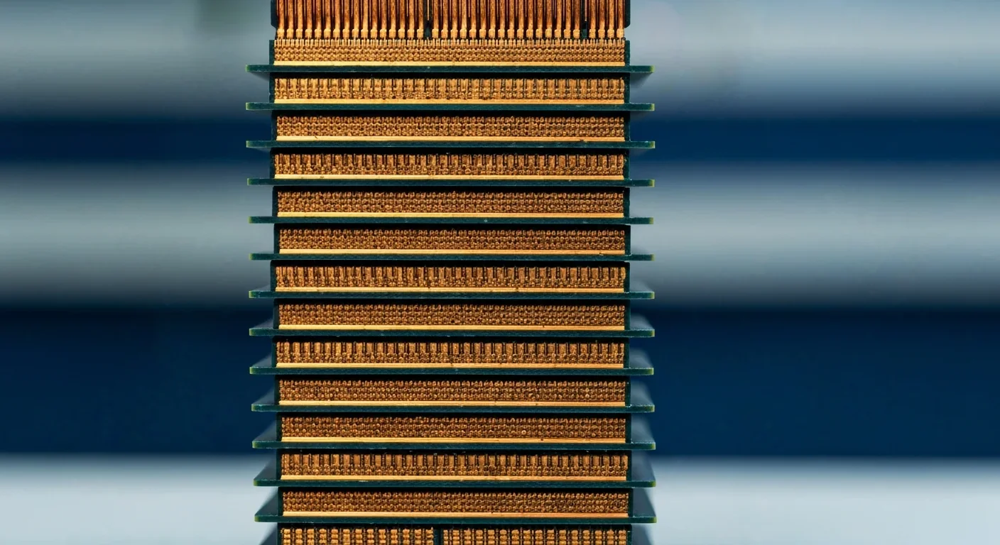 Cross-section view of vertically stacked semiconductor chips showing copper interconnect layers
