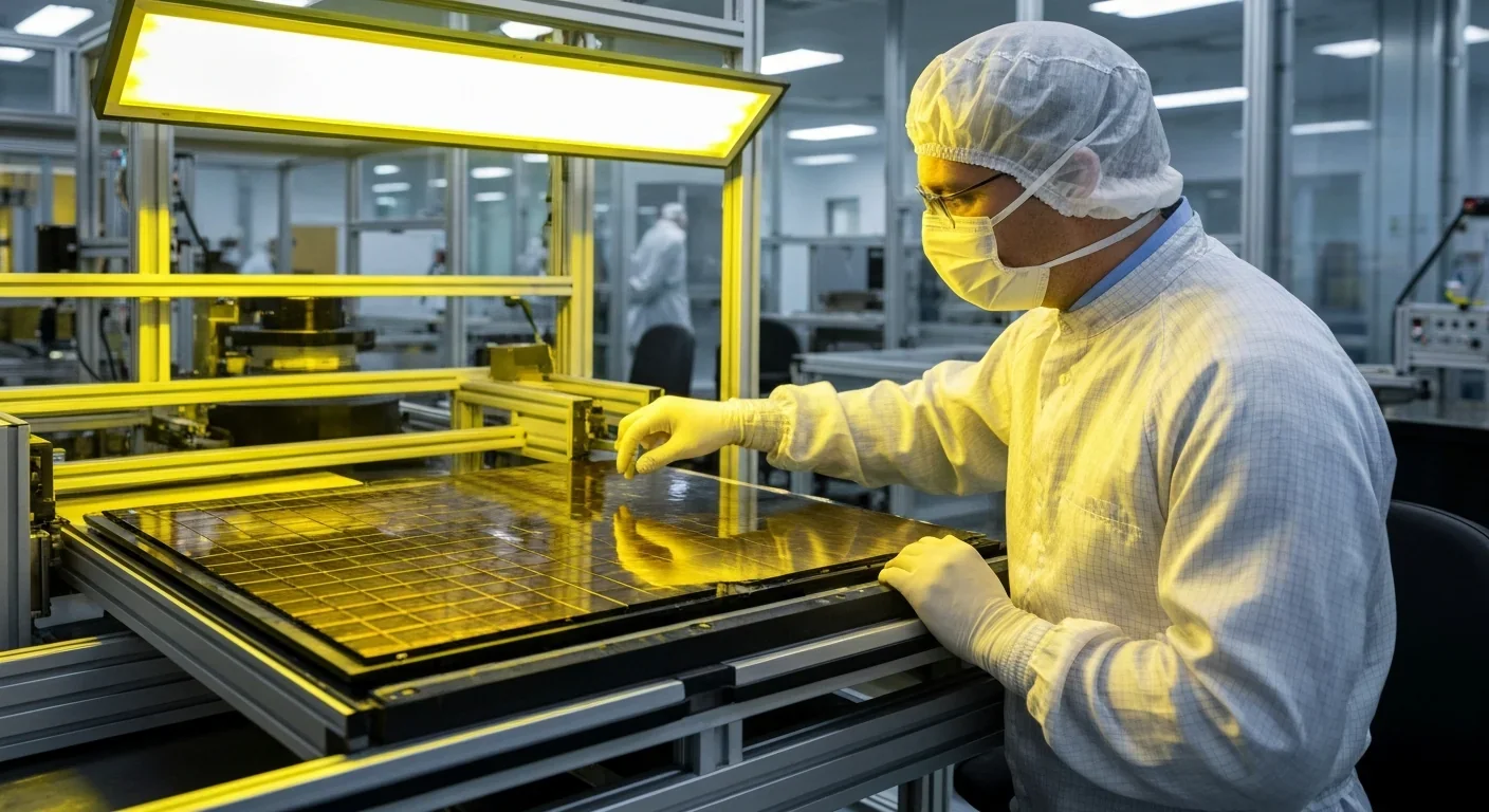 Engineer in cleanroom gear inspecting a semiconductor wafer under yellow lithography lighting
