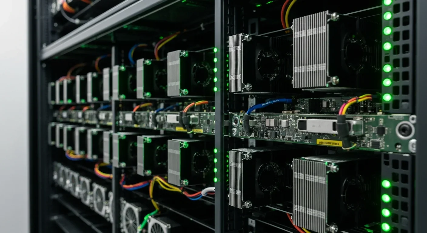 Data center server rack with GPU computing boards and cooling systems for AI workloads