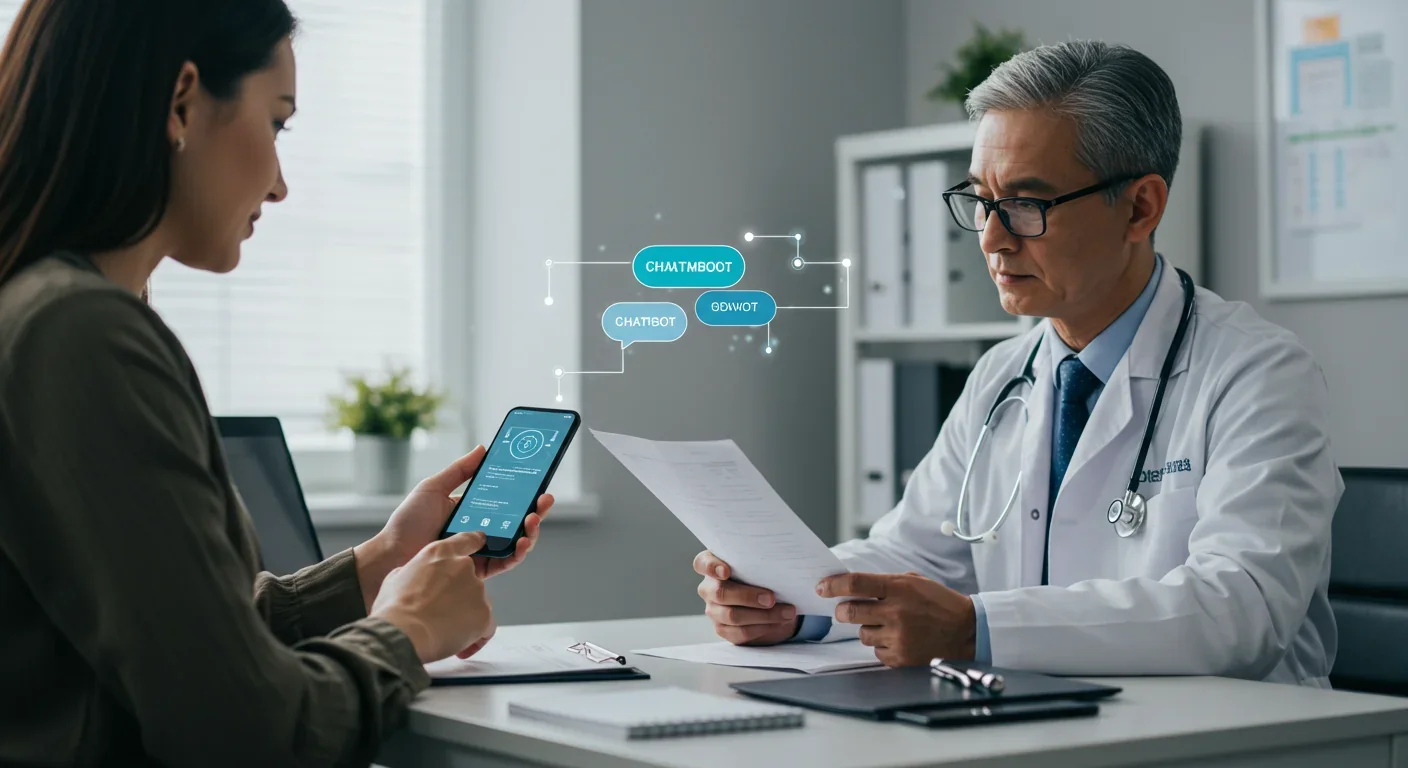 Patient consulting AI medical chatbot while doctor reviews traditional medical records