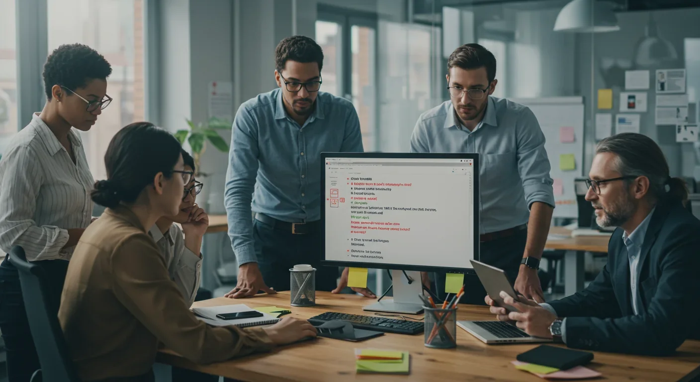 Team of professionals reviewing and fact-checking AI-generated content together