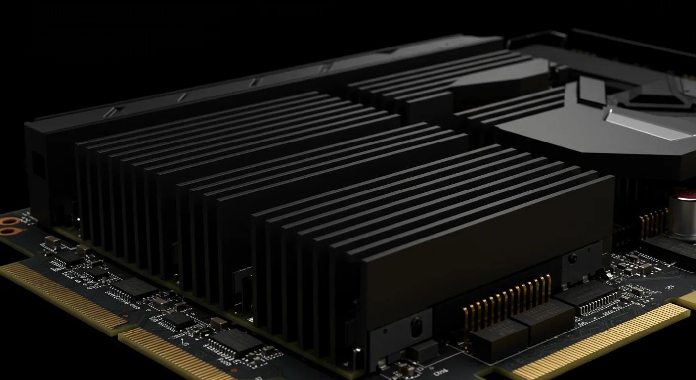 Close-up of modern GPU graphics card showing memory chips and circuit architecture