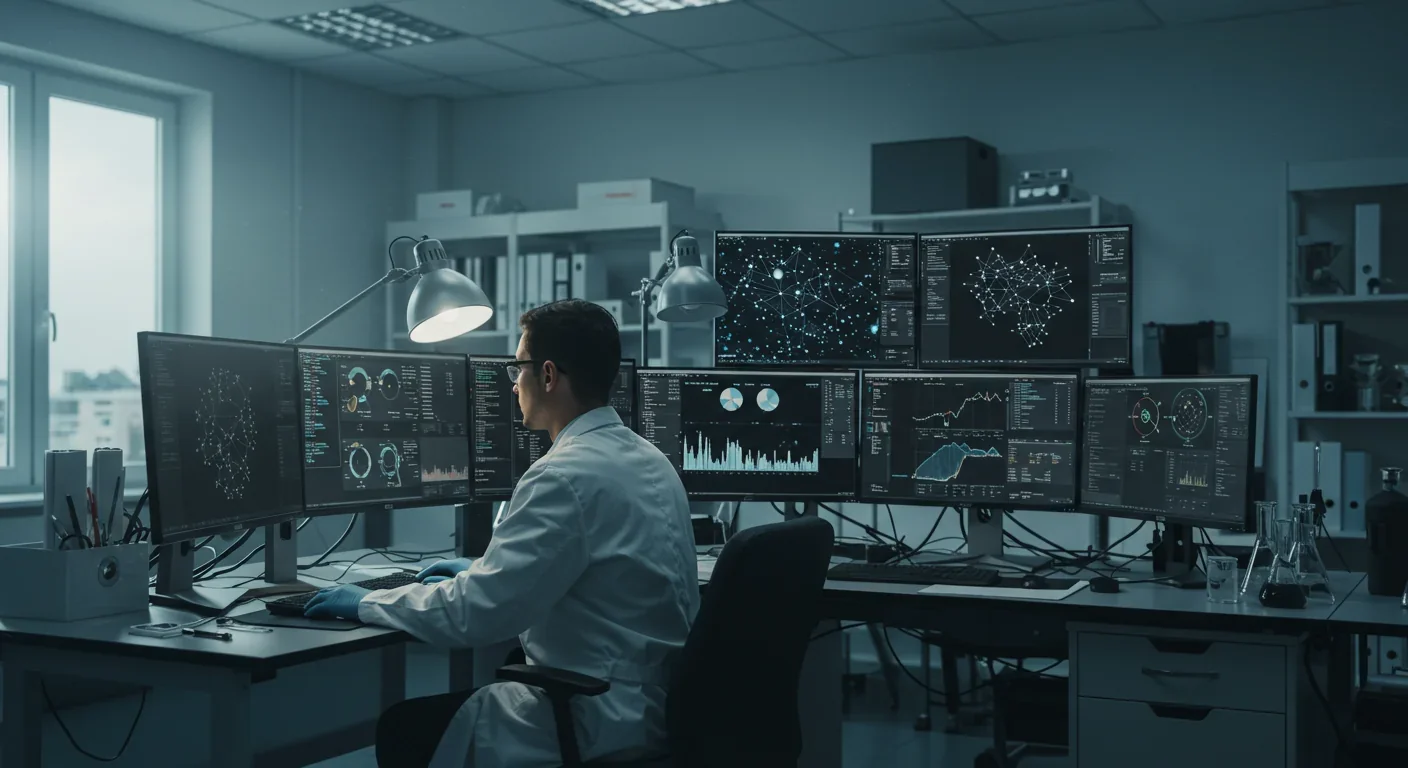 Researcher working on neural network training at a multi-monitor workstation