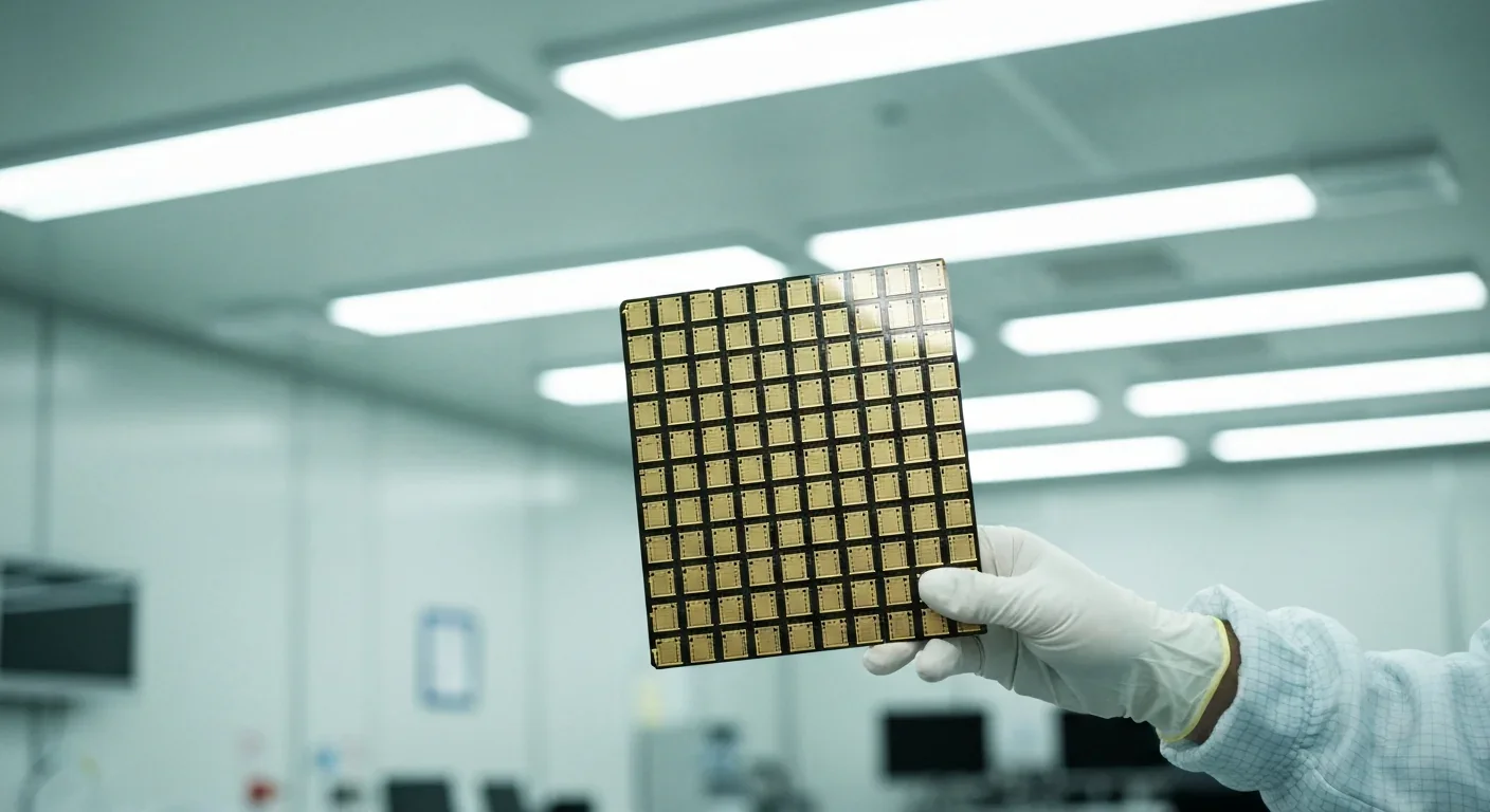 Researcher in cleanroom gloves holding a silicon wafer with quantum chip patterns under fluorescent lighting
