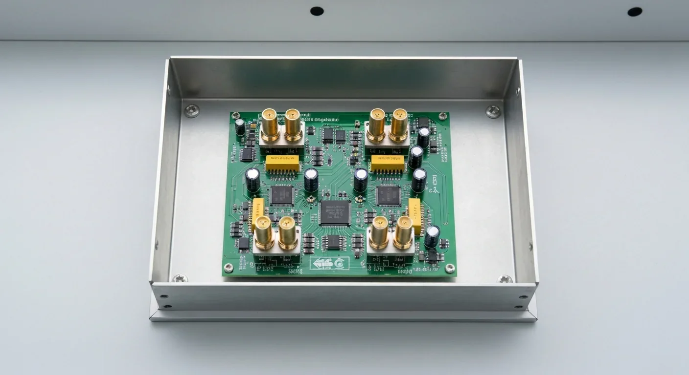 Superconducting quantum processor circuit board with microwave connectors inside a metallic enclosure