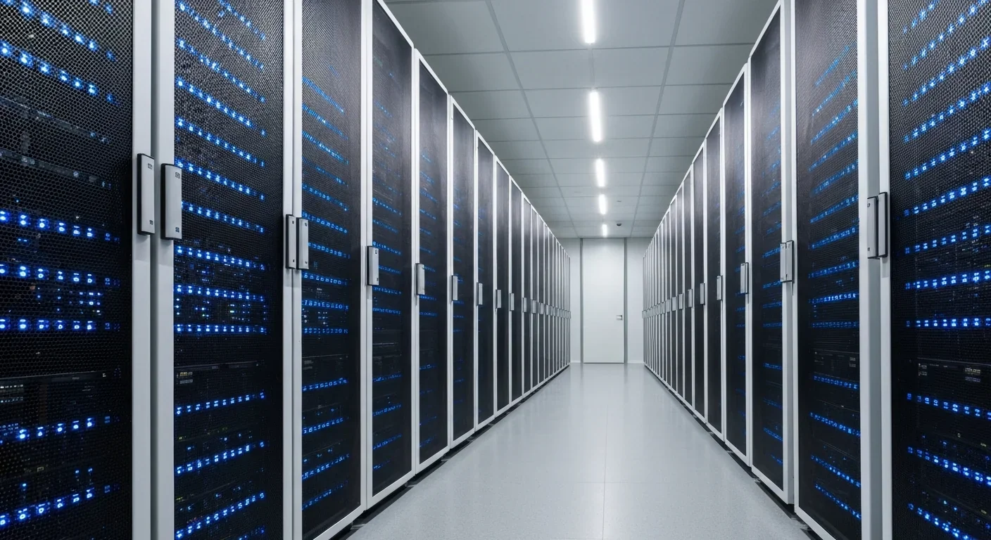 Modern data center hallway with rows of server racks and blue LED indicator lights