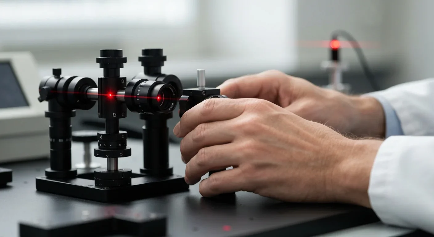 Scientist adjusting precision equipment on an optical table in a quantum research laboratory